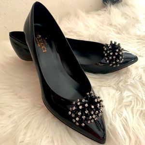 Sesto Meucci Patent Leather Kitten heel rhinestone fringe. Perfect holiday shoes